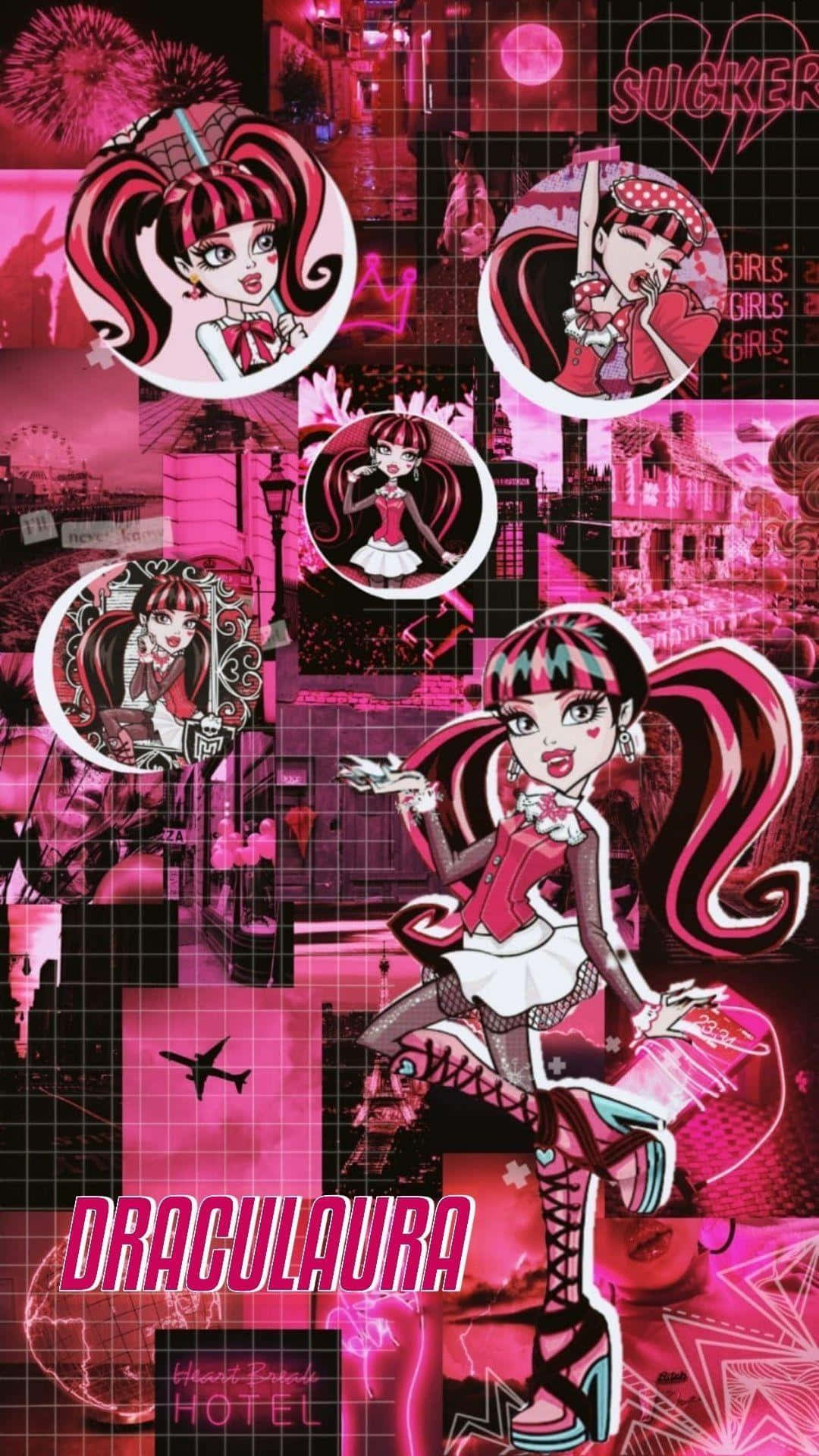 壁紙 — 充滿活力的粉紅色拼貼畫，以 Monster High 的 Draculaura 為特色，帶有網格疊加和城市景觀元素。