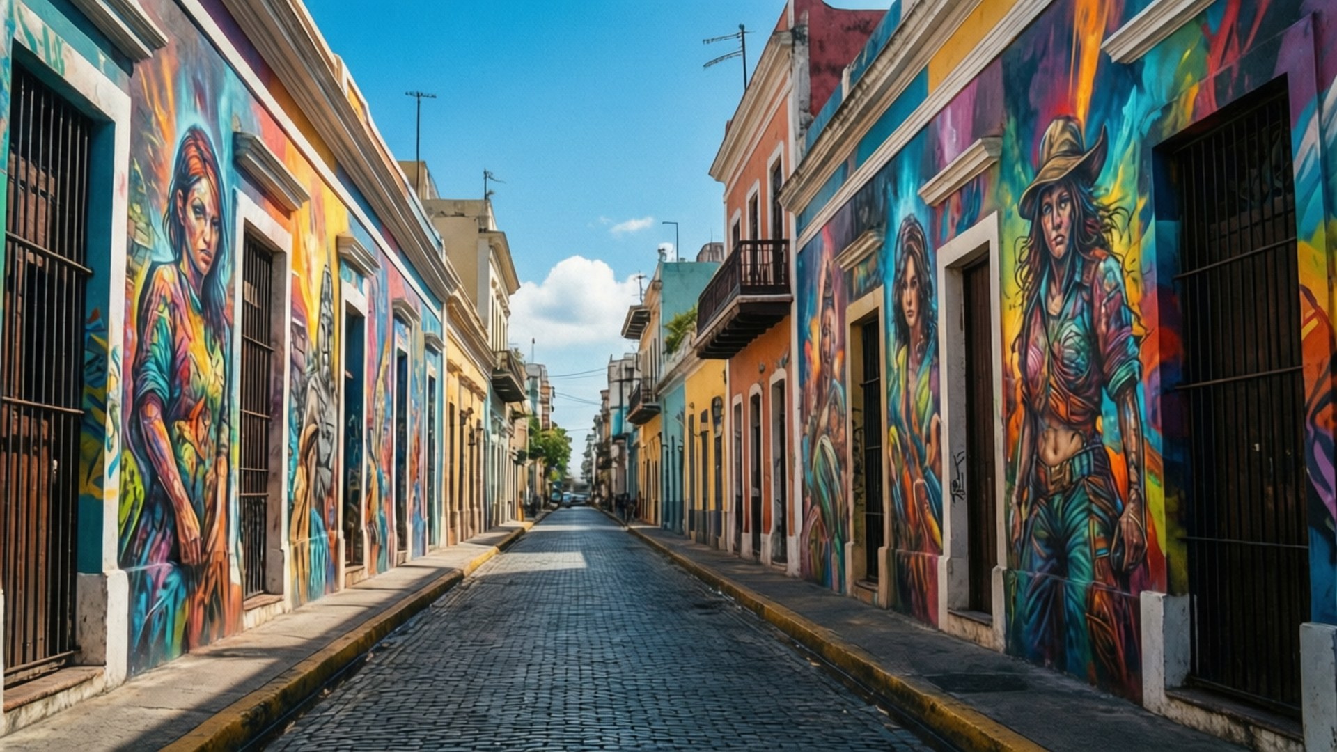 Old San Juan Colorful Streets 壁紙 — 充滿活力的街頭藝術覆蓋了鵝卵石小巷的每一面牆，天空湛藍。