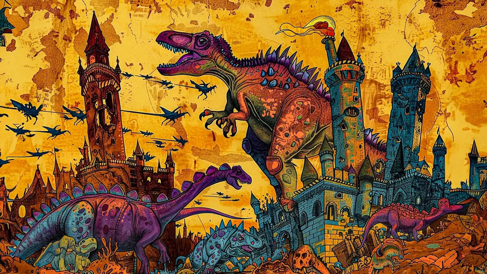  壁紙 — 充滿活力的奇幻插圖，描繪恐龍在龜裂的金色天空下漫步於 crumbling 的中世紀城堡。