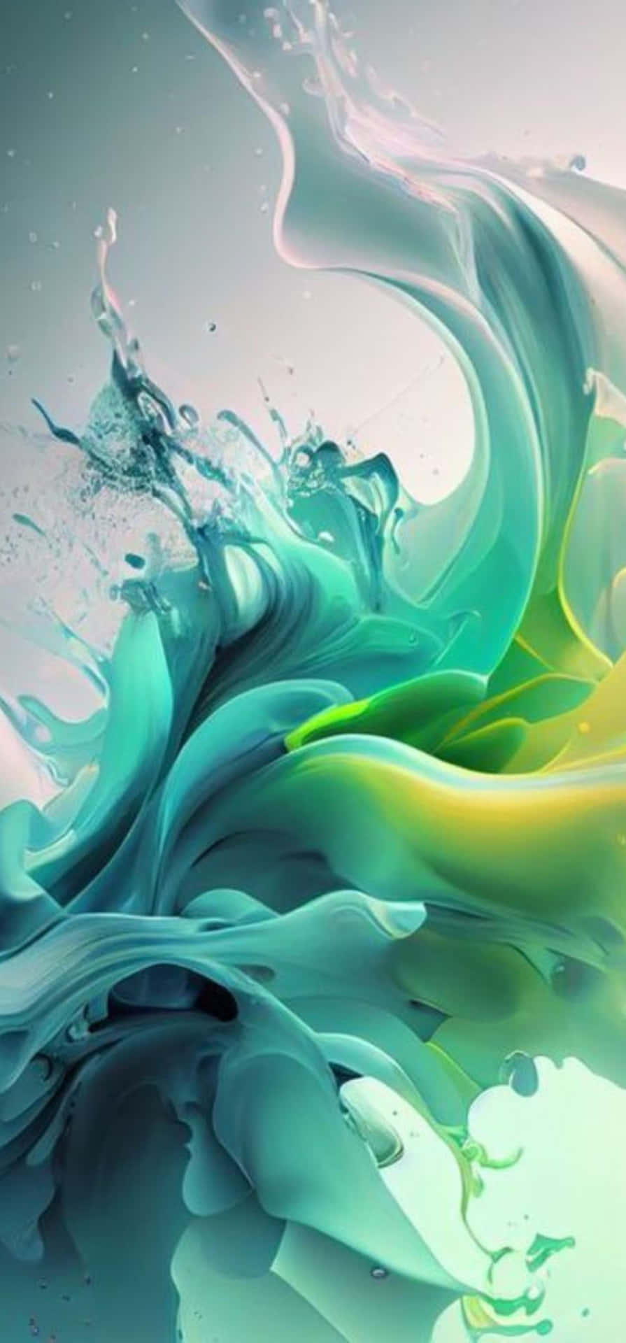  壁紙 — 充滿活力的藍綠色和黃色液體漩渦在柔和漸變背景上動態飛濺。