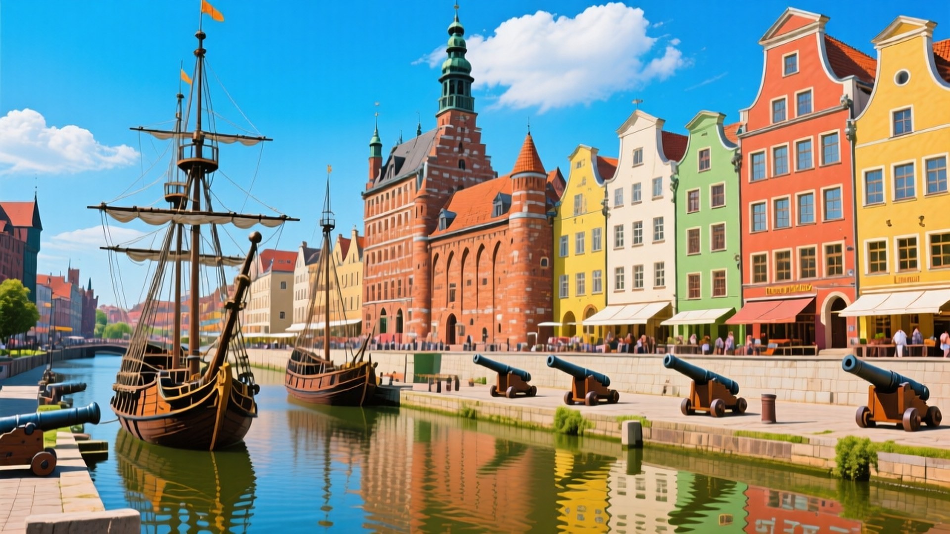 Gdansk Colorful Facades 壁紙 — 充滿活力的歷史海濱，色彩繽紛的山牆建築、紅磚塔和古老的帆船停泊在寧靜的運河中，頭頂是明亮的藍天。