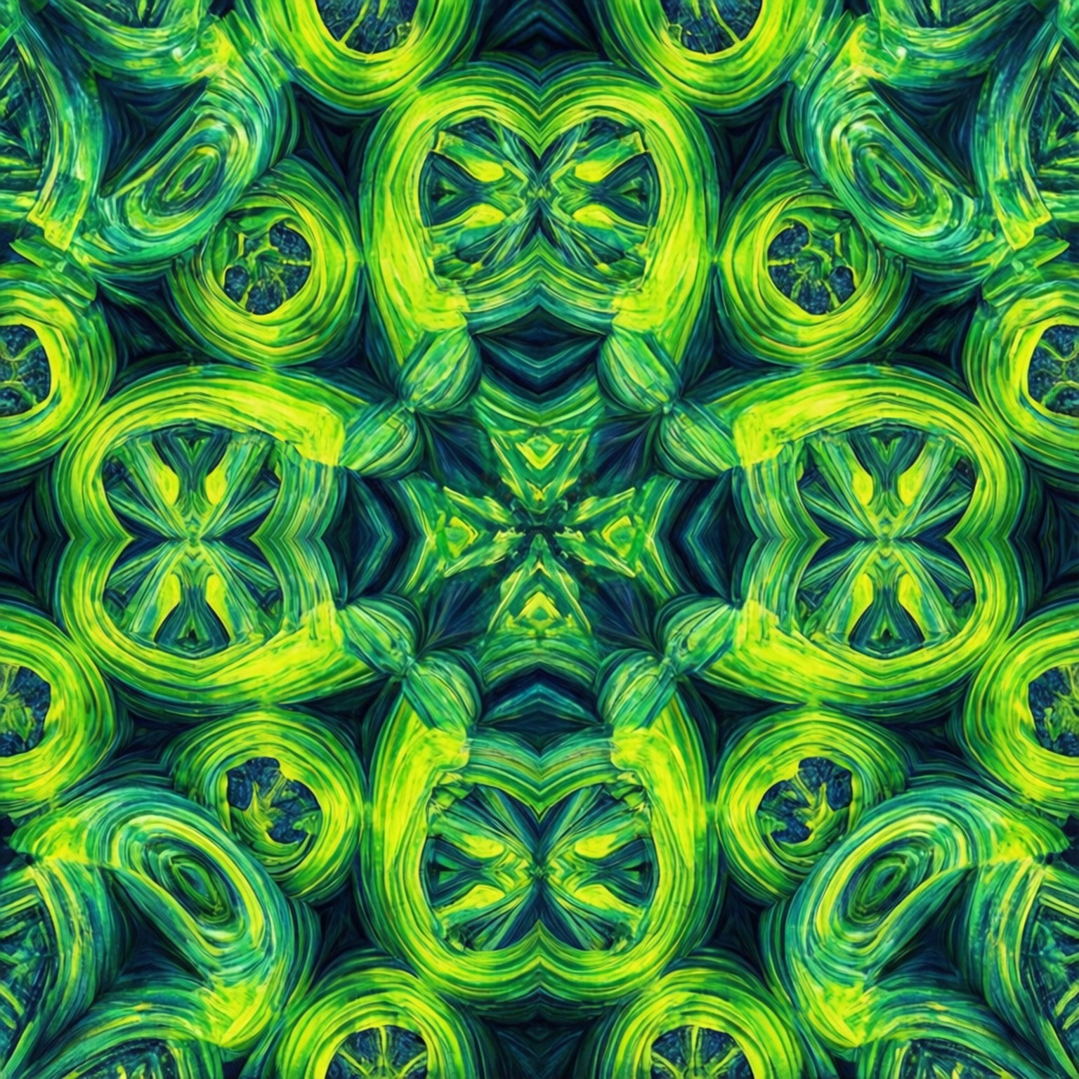 Kaleidoscope Green 壁紙 — 充滿活力的綠色和藍綠色抽象曼陀羅圖案，帶有旋轉的筆觸紋理和對稱的幾何形狀。