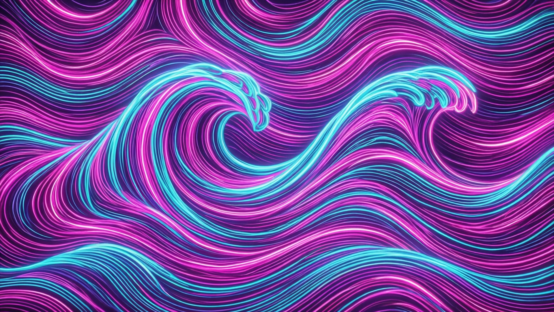 Neon iOS 5 Wave 壁紙 — 充滿活力的霓虹粉紅和青色波浪在動態數位抽象圖案中旋轉，帶有發光線條。