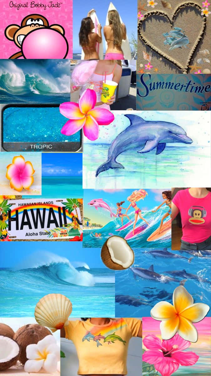  壁紙 — 充滿活力的夏日拼貼畫， featuring 衝浪者、海豚、雞蛋花和夏威夷車牌，背景是碧綠的海浪。