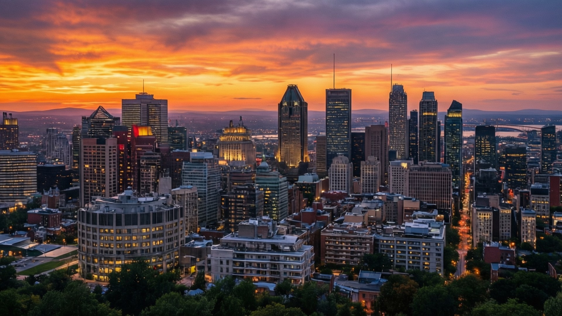 Montreal Sunset Skyline 壁紙 — 充滿活力的日落將蒙特婁的天際線染成火熱的橙色和紫色，城市燈光開始閃爍。
