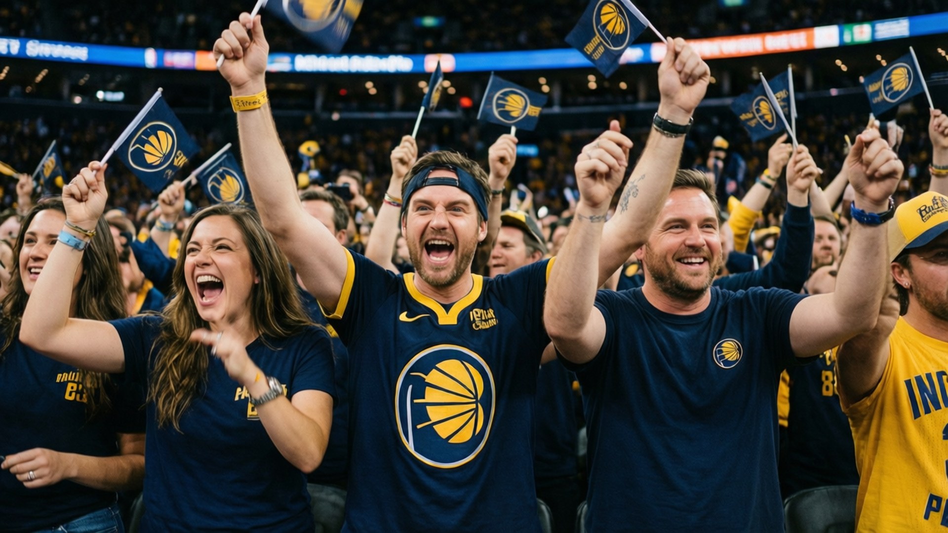 Pacers Fan Section 壁紙 — 充滿活力的印第安納溜馬球迷身穿藍色和金色球衣，在擠滿人的場館中高舉旗幟瘋狂歡呼。