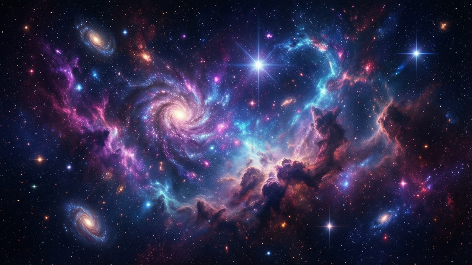 充滿活力的宇宙場景，有旋轉的星系和發光的星雲，呈現紫色、藍色和粉紅色 — 1366X768 壁紙