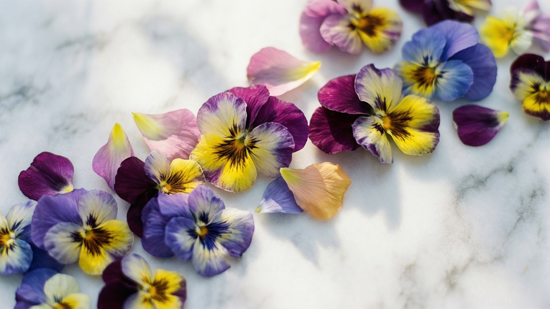 Scattered Pansy Petals 壁紙 — 充滿活力的紫色、黃色和藍色三色堇，帶有精緻的花瓣，散落在白色大理石表面上。