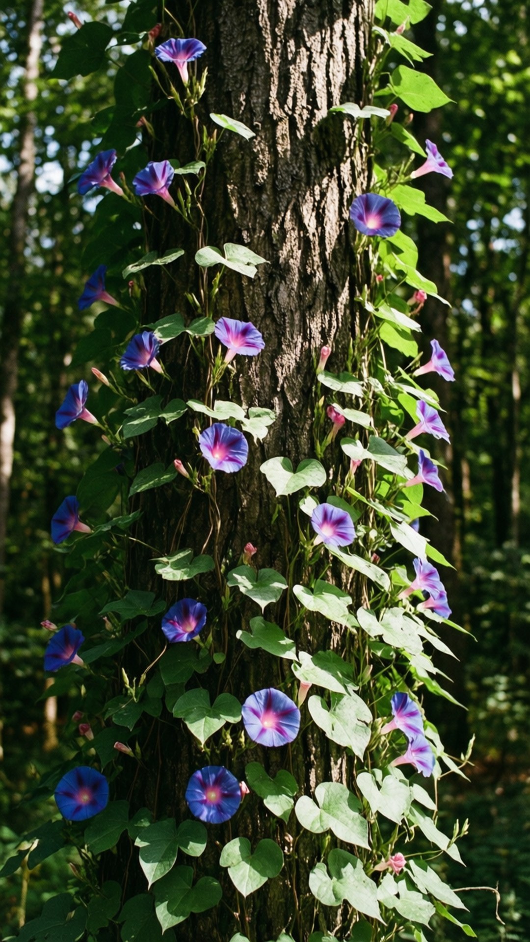 Tree Trunk Morning Glory Vine 壁紙 — 充滿活力的紫色牽牛花攀爬在紋理豐富的樹幹上，周圍是茂密的綠葉，在陽光明媚的森林中。