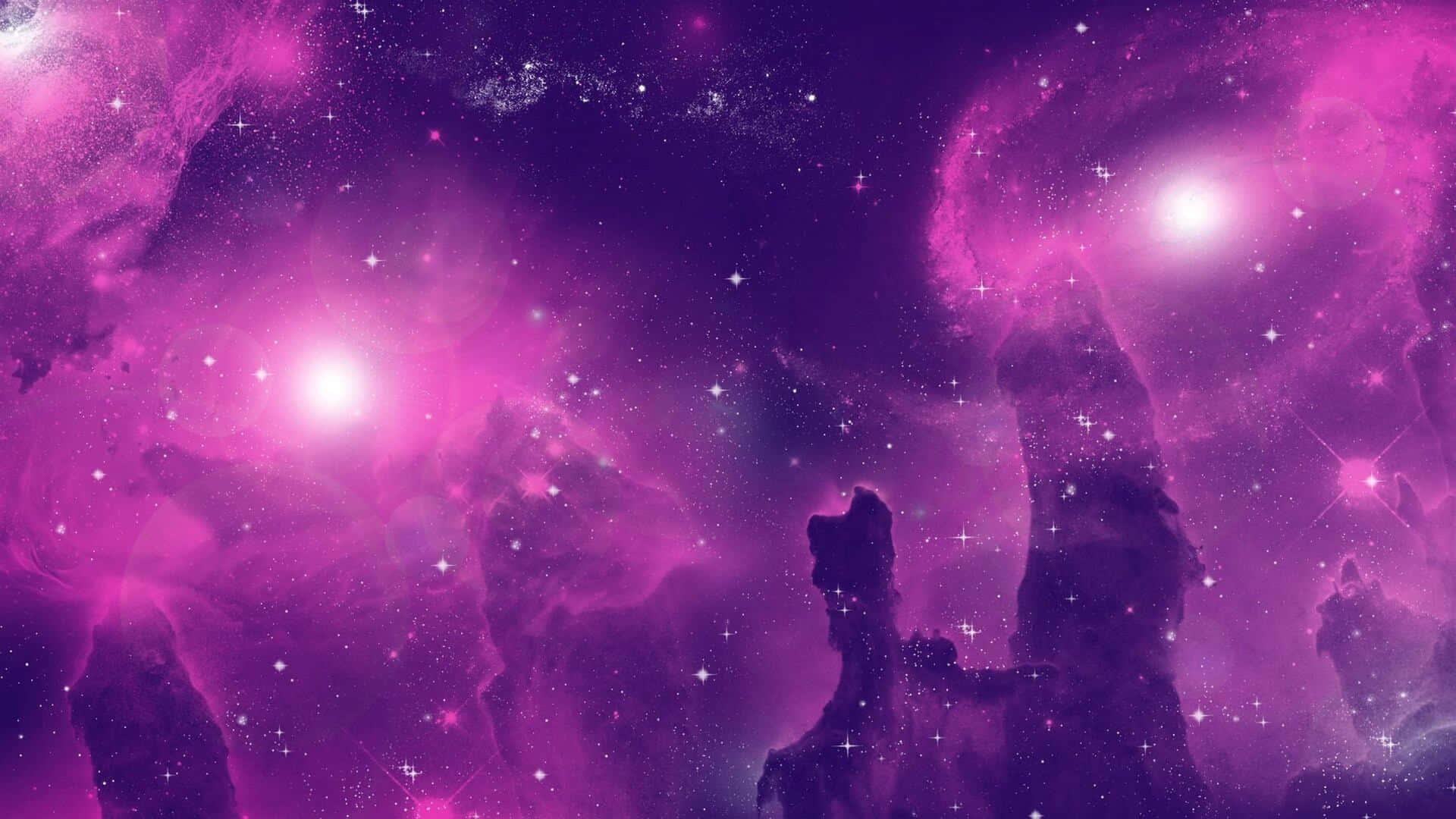  壁紙 — 充滿活力的紫色星雲在壯麗的太空場景中閃耀著明亮的星星和宇宙柱。