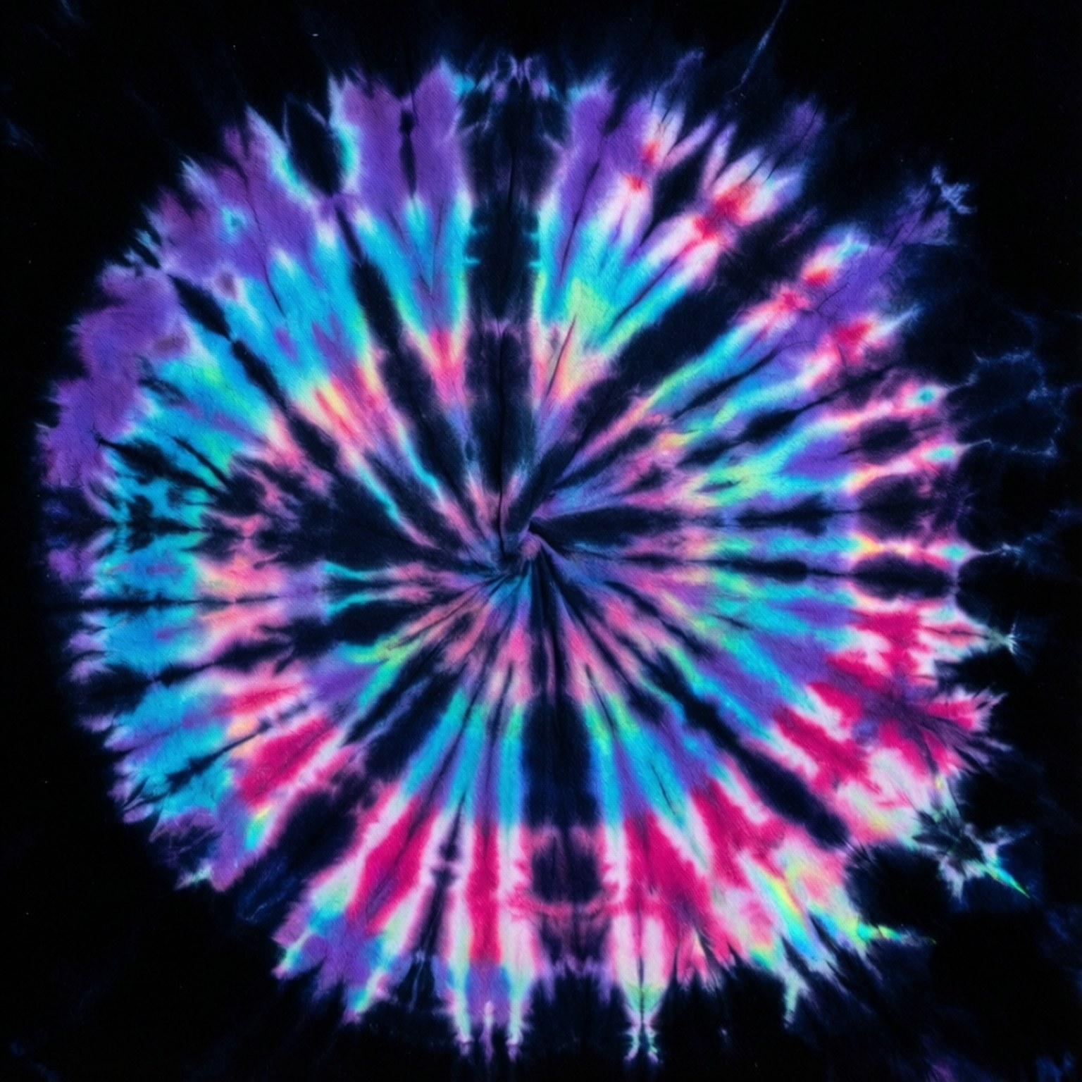 Holographic Tie Dye 壁紙 — 一個充滿活力的紮染圖案從中心點向外輻射，帶有電光藍、粉紅和紫色，背景為黑色。