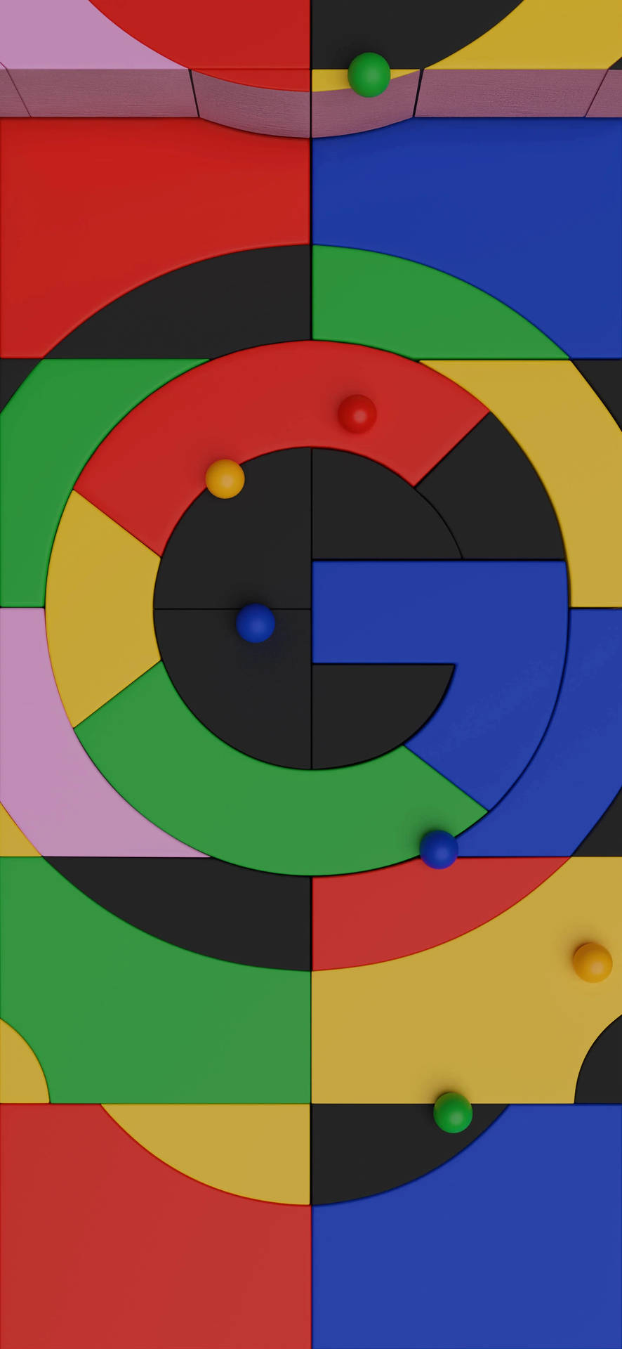 極簡3D設計中帶有彩色方塊和球體的抽象幾何圖案。 — Google 壁紙