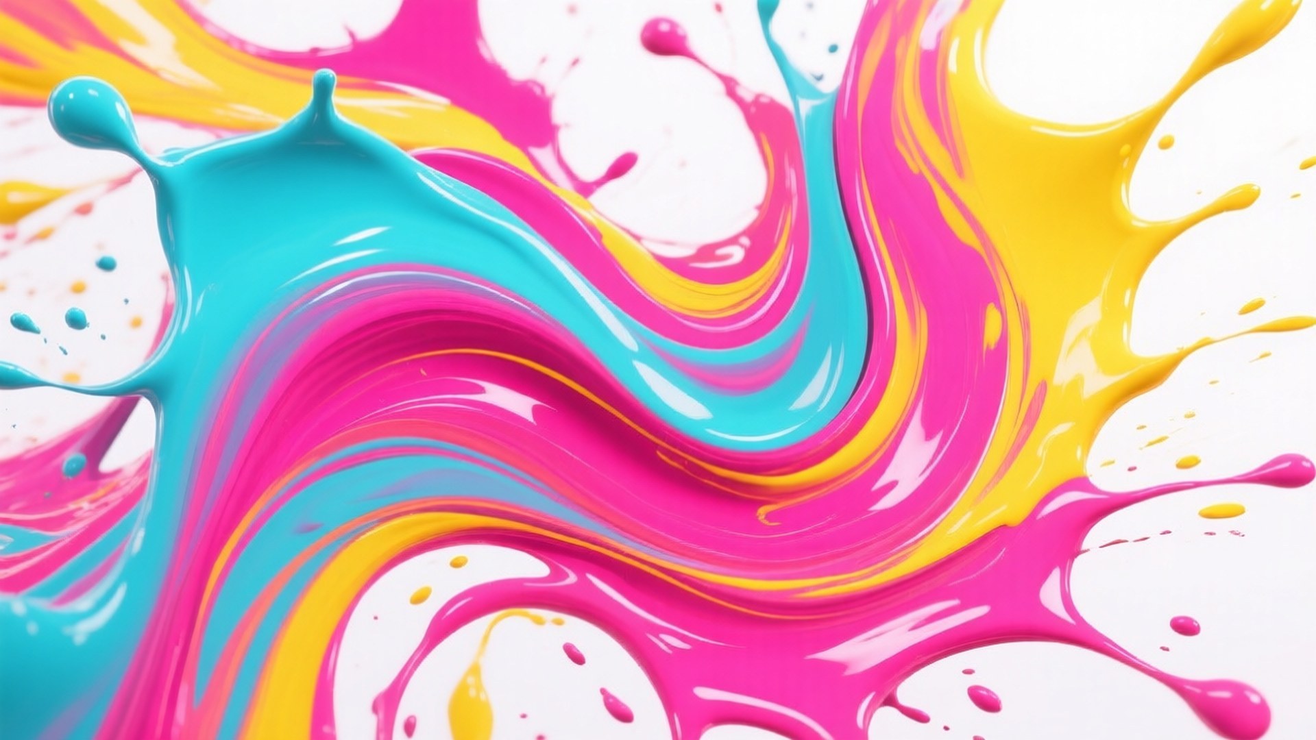 Color Swirl Energy 壁紙 — 充滿活力的青色、粉紅色和黃色油漆飛濺在純白背景上動態旋轉。