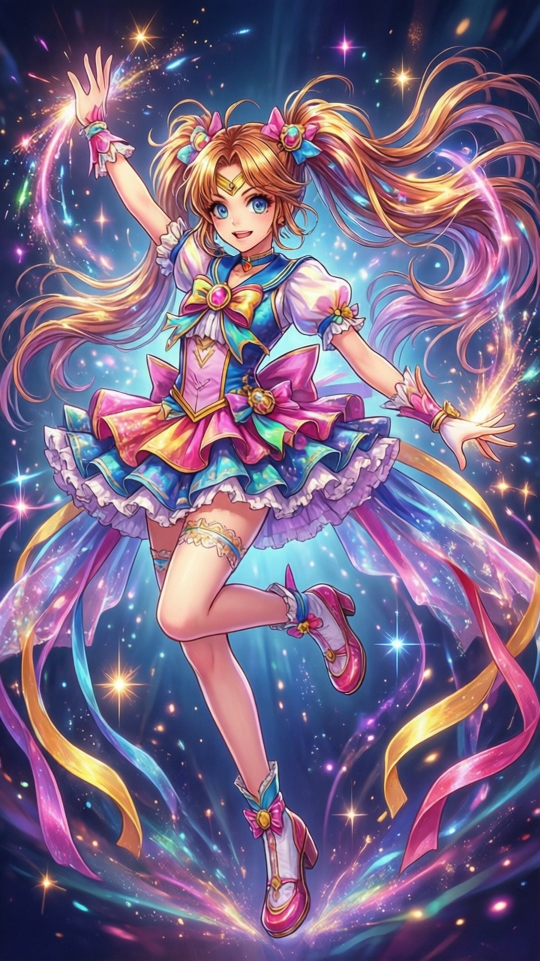 Magical Girl Transformation 壁紙 — 一個充滿活力的動漫女孩，擁有飄逸的金色頭髮和色彩繽紛的荷葉邊連衣裙，在閃爍的宇宙絲帶和星星中跳舞。