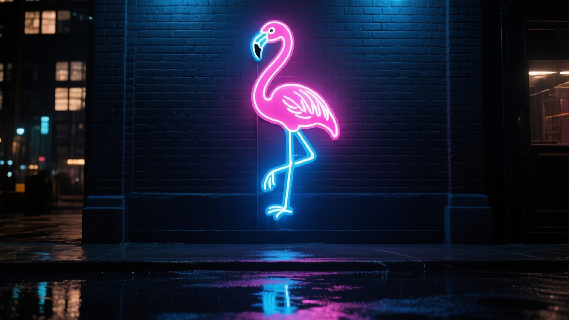 Neon Flamingo Sign 壁紙 — 一個充滿活力的粉紅色和藍色霓虹燈火烈鳥標誌在夜晚潮濕的城市街道上，在黑暗的磚牆上發光。