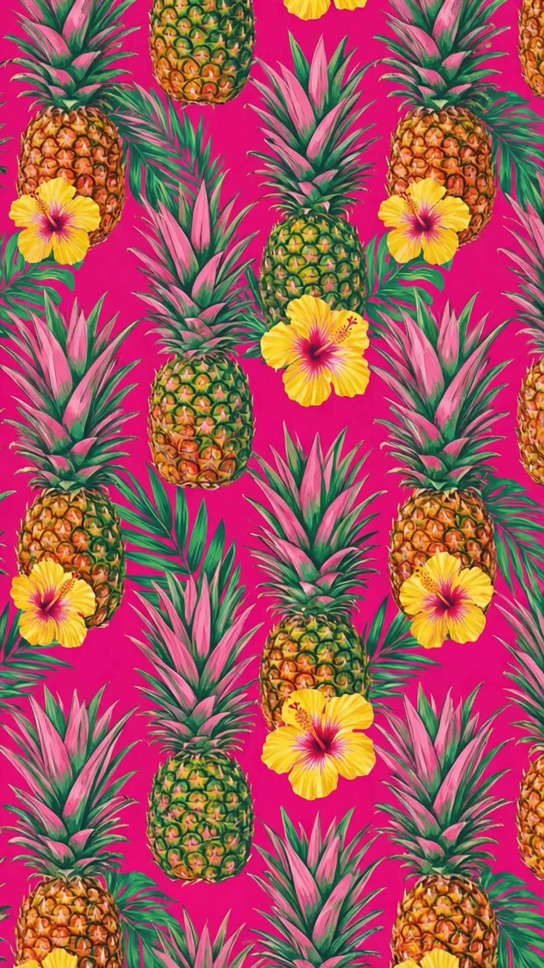 Pineapple Hibiscus Burst 壁紙 — 充滿重複鳳梨和黃色芙蓉花的鮮豔粉紅色背景。