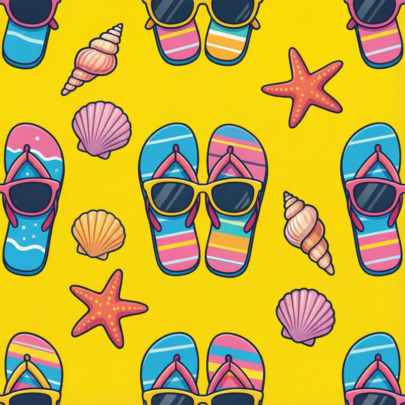 Summer Accessories Pattern 壁紙 — 充滿重複卡通人字拖、太陽眼鏡、貝殼和海星的鮮黃色背景，採用明亮的粉彩顏色。