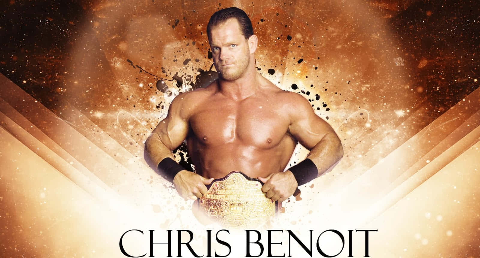 graphic design 桌布 壁紙 — Chris Benoit 赤裸上身，手持冠軍腰帶，背景是火焰般的金色抽象圖案，帶有發光粒子。
