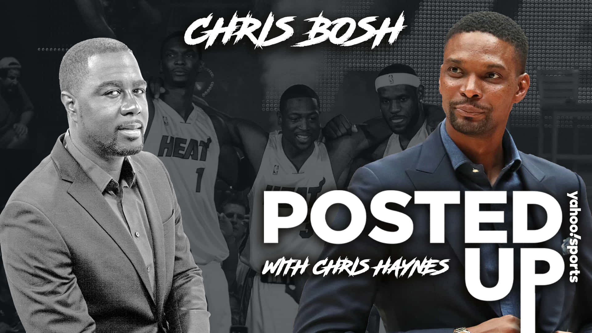 籃球 桌布 壁紙 — Chris Bosh 和 Chris Haynes 身穿西裝，以邁阿密熱火籃球運動員的黑白拼貼畫為背景。