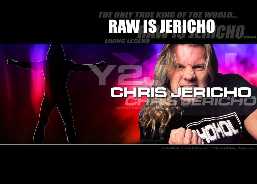 WWE 桌布 壁紙 — Chris Jericho 在充滿活力的紫色和紅色背景上，握緊拳頭，眼神銳利，帶有他的剪影和粗體文字。