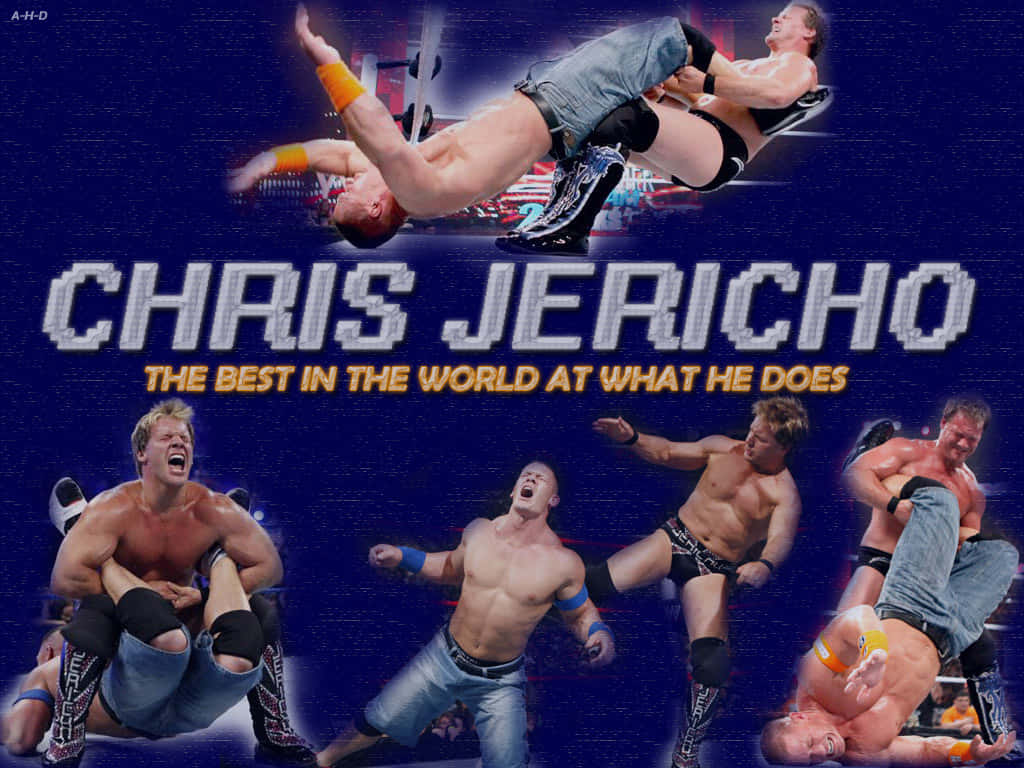 約翰·希南 桌布 壁紙 — Chris Jericho 在充滿活力的藍色競技場背景下對對手執行動態摔角動作。