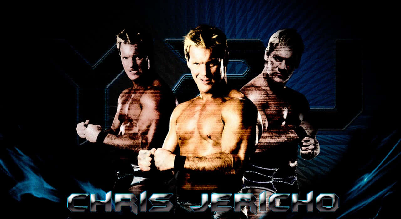 WWE 桌布 壁紙 — Chris Jericho 自信地擺出姿勢，握緊拳頭，背景是深藍色放射狀，他的名字以金屬字體呈現。