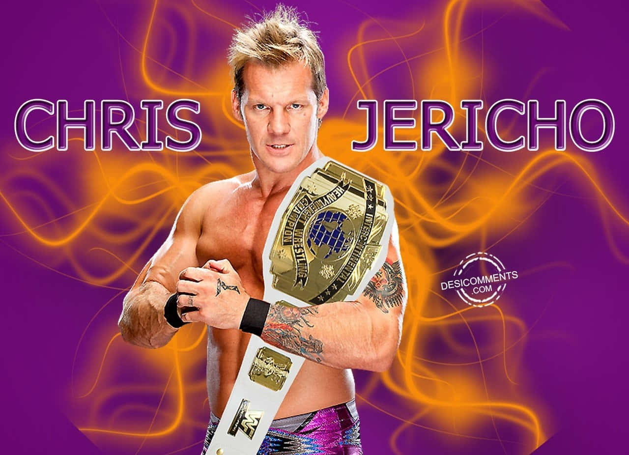 WWE 桌布 壁紙 — Chris Jericho 赤裸上身，在充滿活力的紫色和橙色漩渦背景前手持冠軍腰帶。