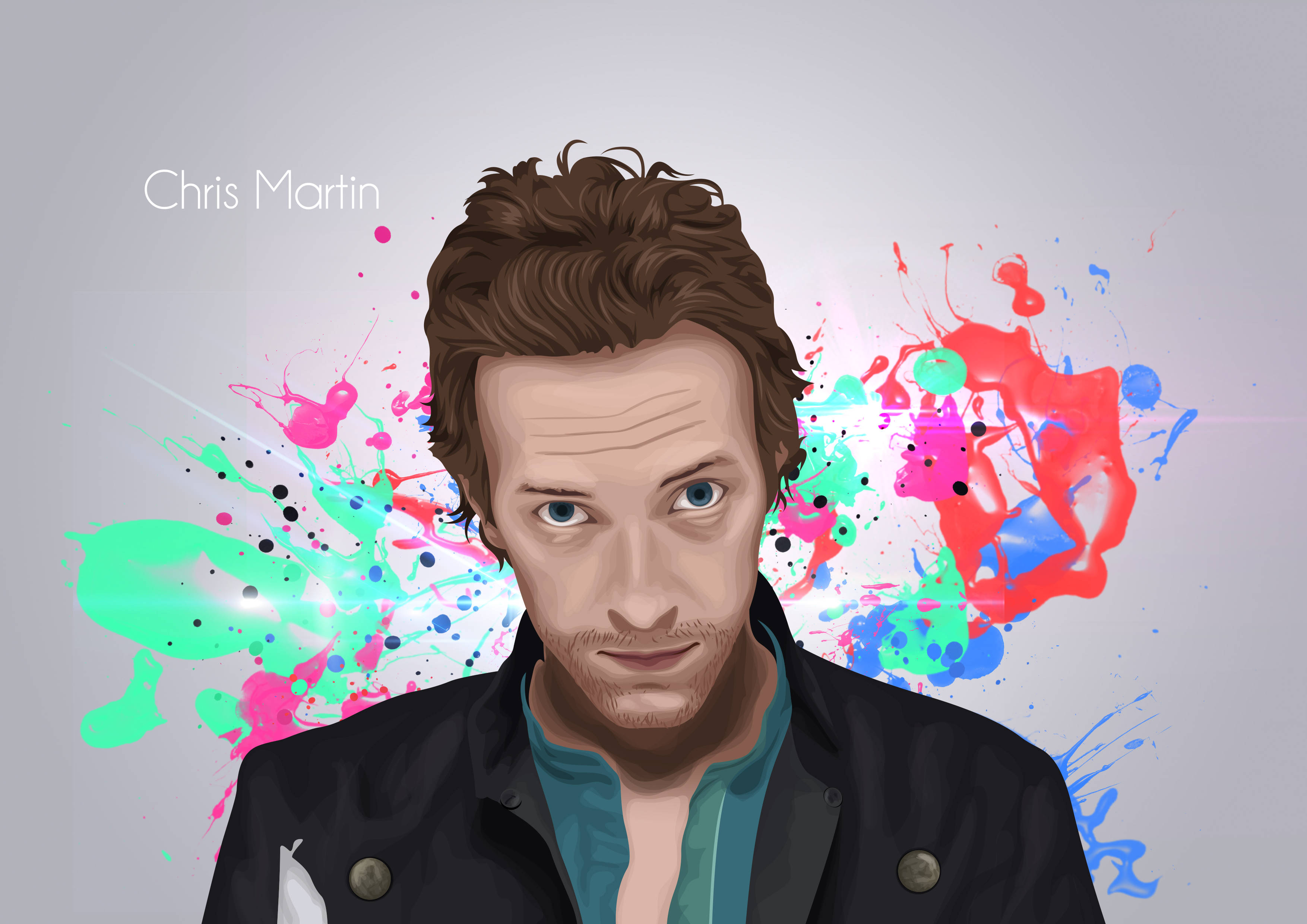 Chris Martin 桌布 壁紙 — Chris Martin 直視前方，身後有鮮豔的顏料飛濺在柔和的灰色背景上爆發。