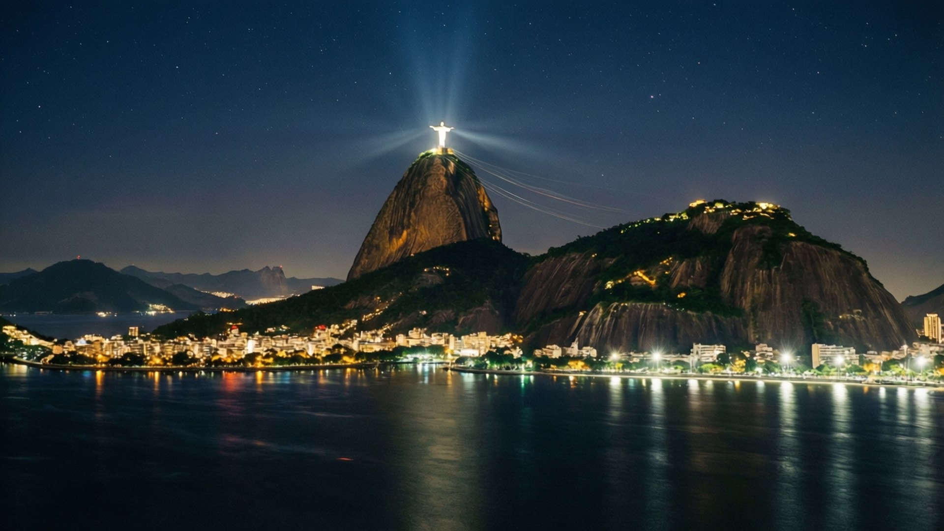 Rio de Janeiro Night Glow 壁紙 — 科爾科瓦多山頂的基督像在星空下發出光芒，俯瞰里約熱內盧燈火通明的海濱。