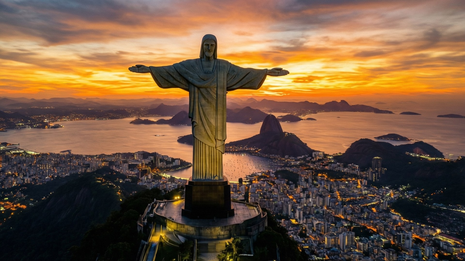 Christ at Sunset 壁紙 — 基督救世主雕像張開雙臂矗立在科爾科瓦多山頂，夕陽下俯瞰里約熱內盧市景和瓜納巴拉灣。