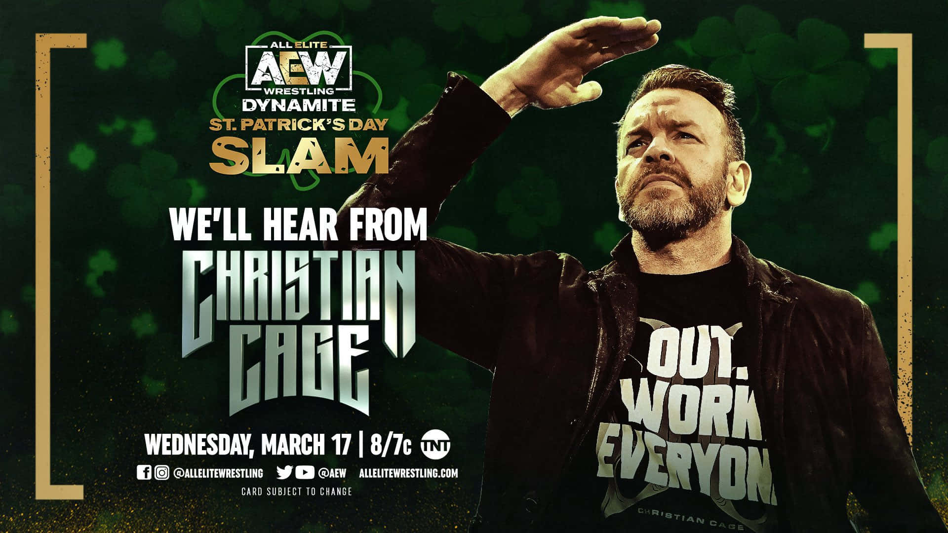 手機 桌布 壁紙 — Christian Cage 在綠色三葉草背景下舉手，為AEW Dynamite St Patrick's Day Slam活動造勢。