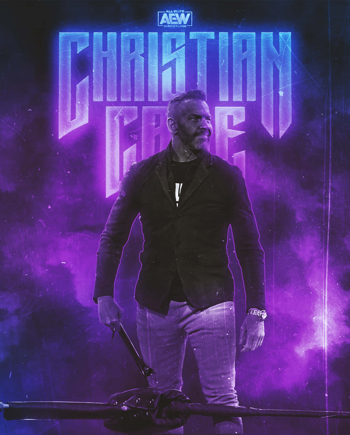 手機 桌布 壁紙 — Christian Cage 自信地站在紫色燈光的場館中，背後有發光的霓虹文字，手持冠軍腰帶。