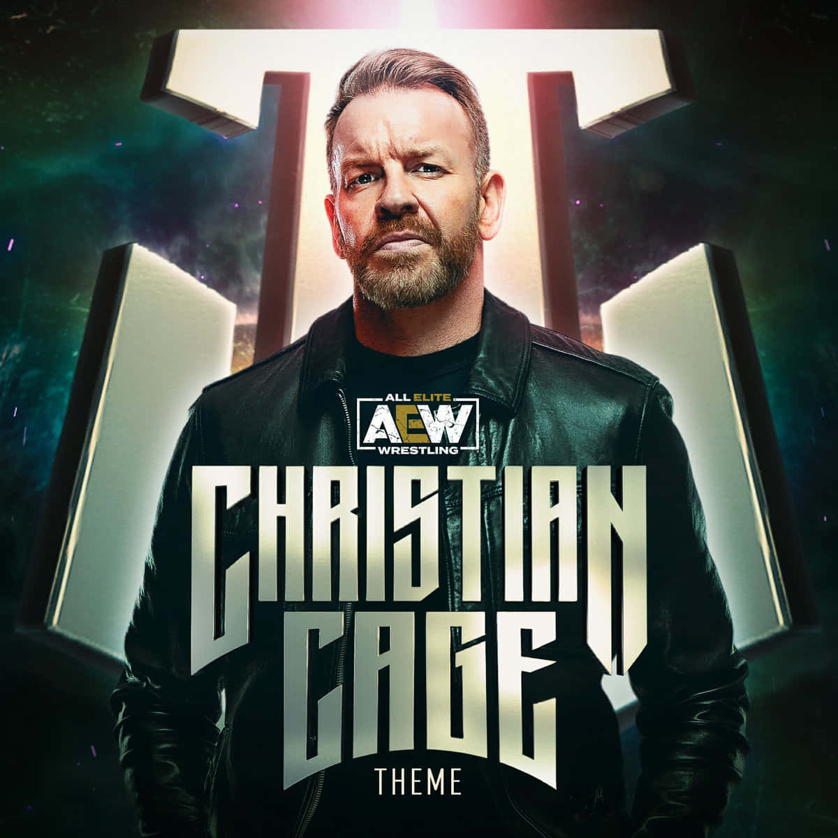 iPhone 桌布 壁紙 — Christian Cage 身穿黑色皮夾克，站在發光的 'T' 標誌前，背景是宇宙和粗體金屬文字。