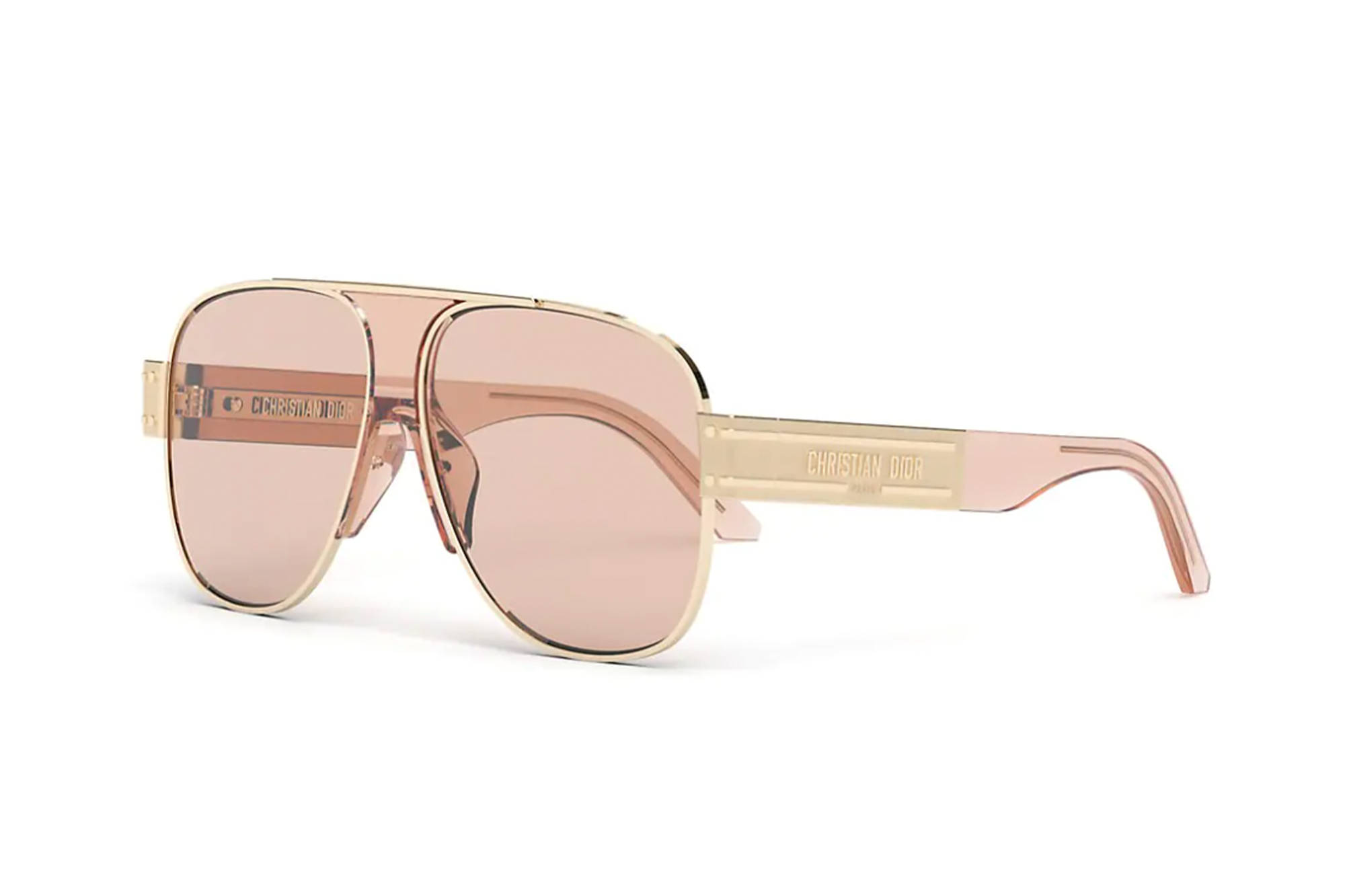 Sunglasses 桌布 壁紙 — Christian Dior 金色框玫瑰色鏡片飛行員太陽眼鏡，純白背景。