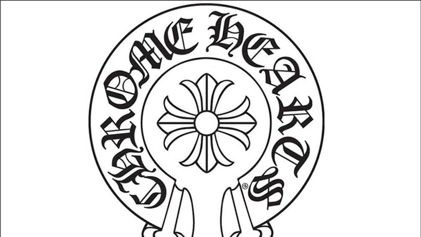 克羅姆哈特 桌布 壁紙 — Chrome Hearts 標誌的黑白線條藝術，帶有哥德式字體和中央花卉設計。