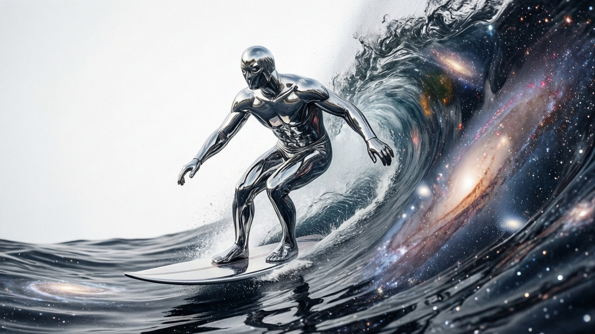 Silver Surfer Cosmic Ride 壁紙 — 一個鉻合金人形衝浪者騎著由星系和星星組成的宇宙波浪，背景是明亮的天空。