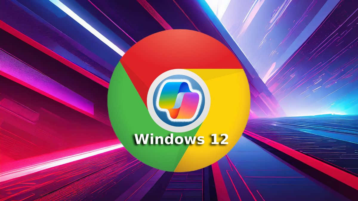 壁紙 — Chrome 標誌，Windows 12 文字居中顯示在充滿活力的霓虹賽博朋克隧道背景上。