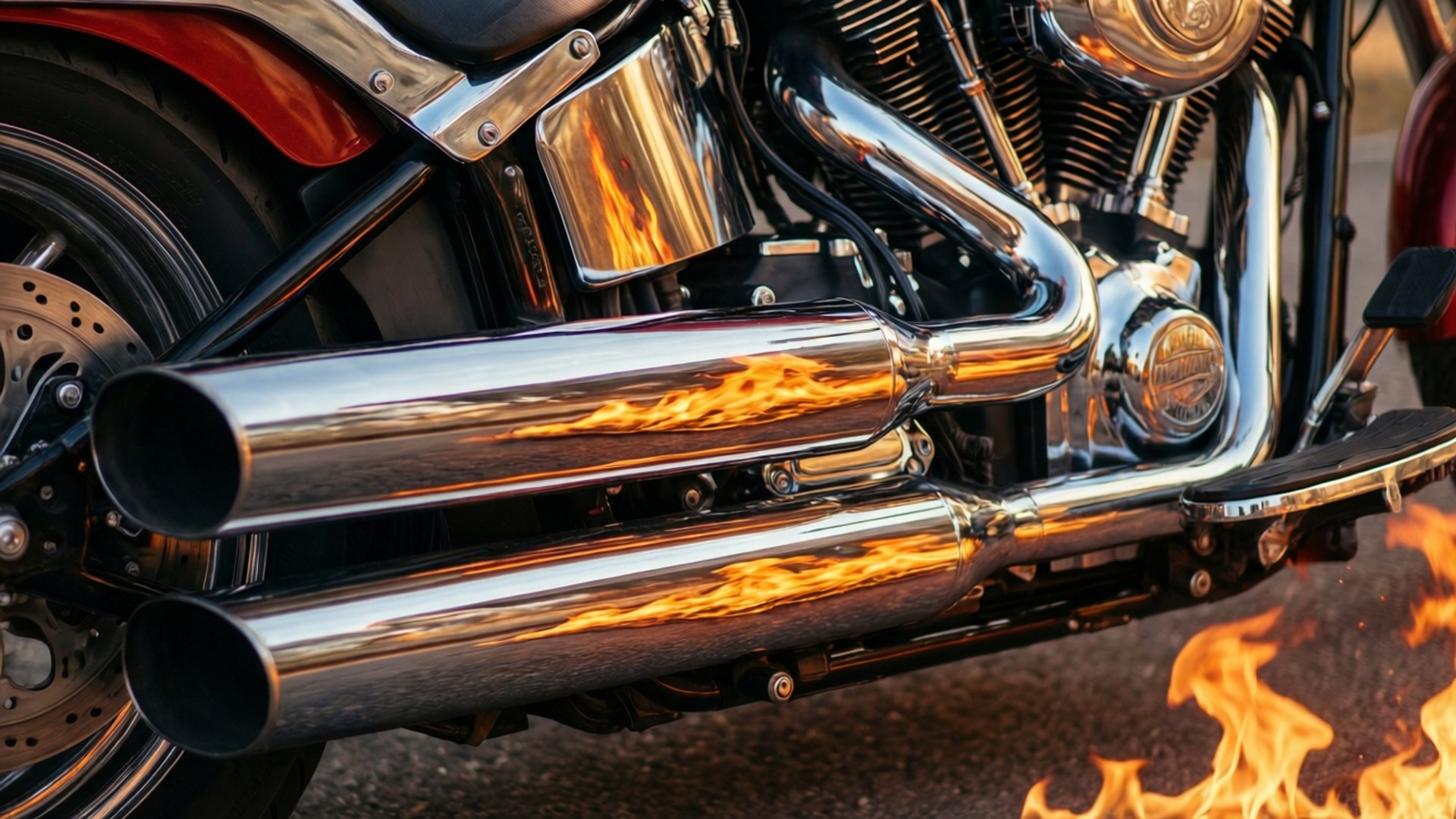 Chrome Pipes Fire 壁紙 — 摩托車的鍍鉻排氣管反射出跳舞的橙色火焰，而真正的火在附近的瀝青上燃燒。