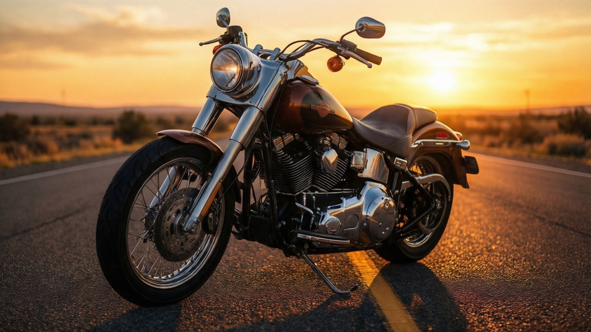 Golden Hour Highway 壁紙 — 一輛鍍鉻機車停在沙漠公路上，金色夕陽投下長長的影子。