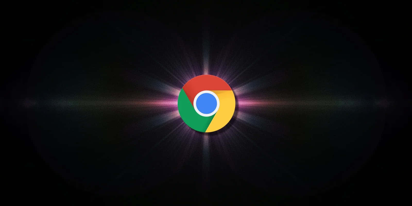 Chrome 桌布 壁紙 — Chrome 標誌在黑暗背景上散發出充滿活力的光線，帶有鏡頭光暈效果。