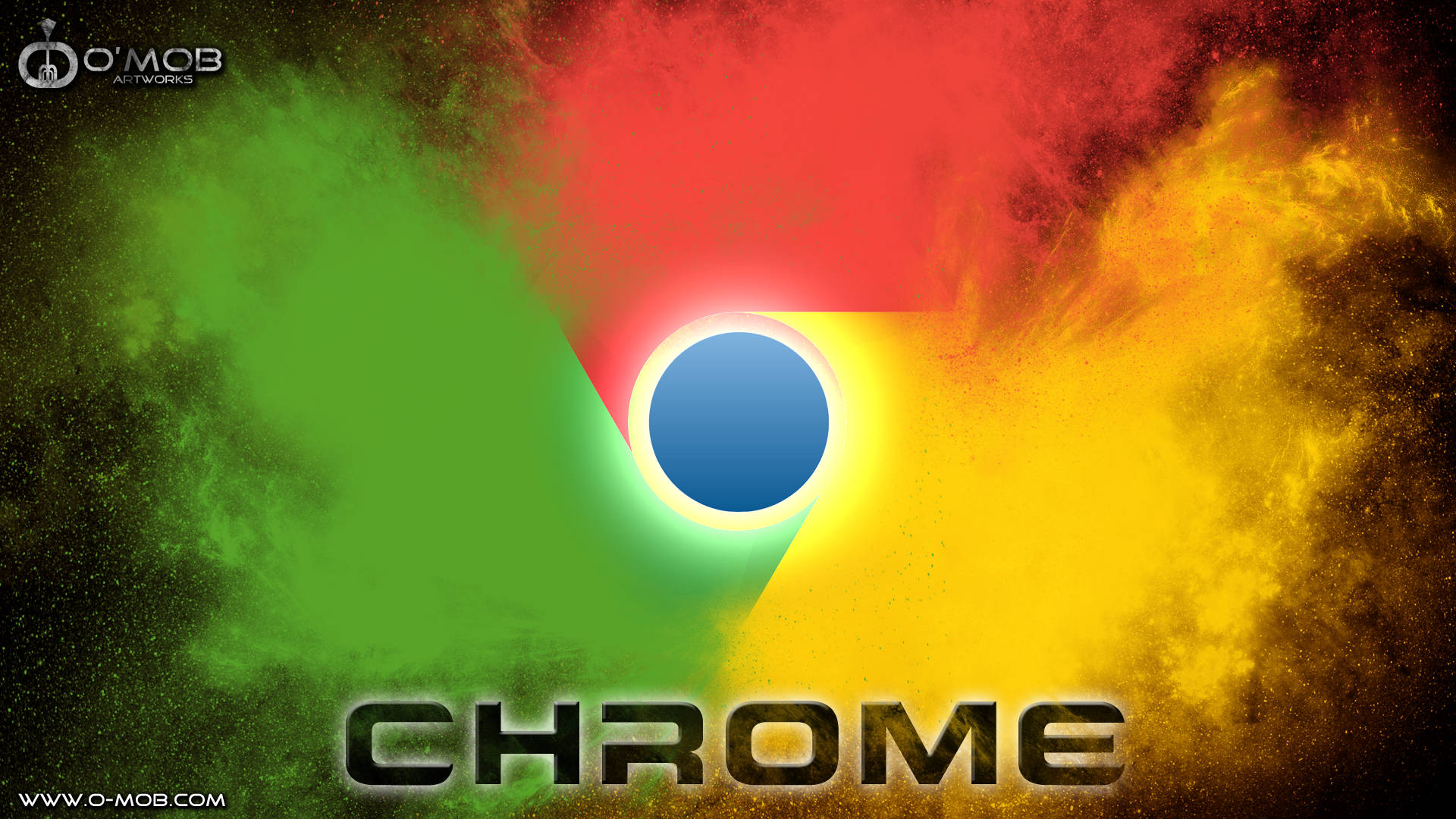 Chrome 桌布 壁紙 — Chrome 標誌從鮮豔的紅色、綠色和黃色粉末爆炸中浮現，背景是黑暗的宇宙。