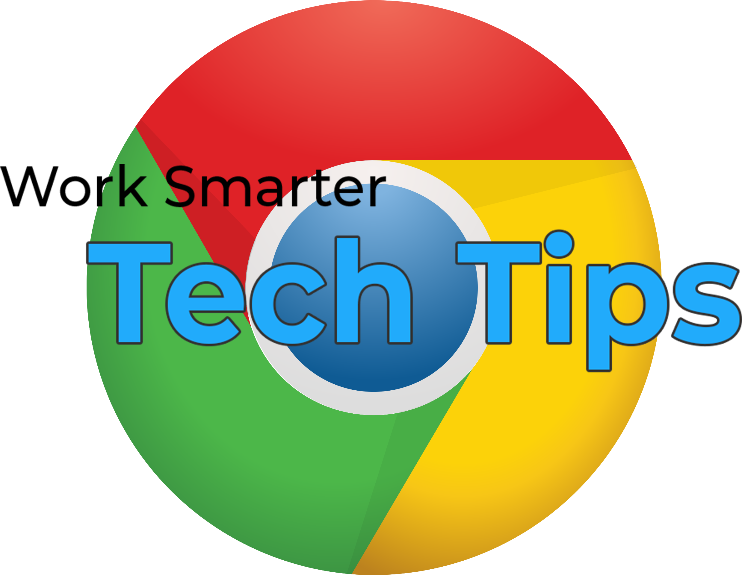 Google Chrome 桌布 壁紙 — Chrome 瀏覽器標誌，黑色背景上以粗體藍色字體疊加「Work Smarter Tech Tips」文字。