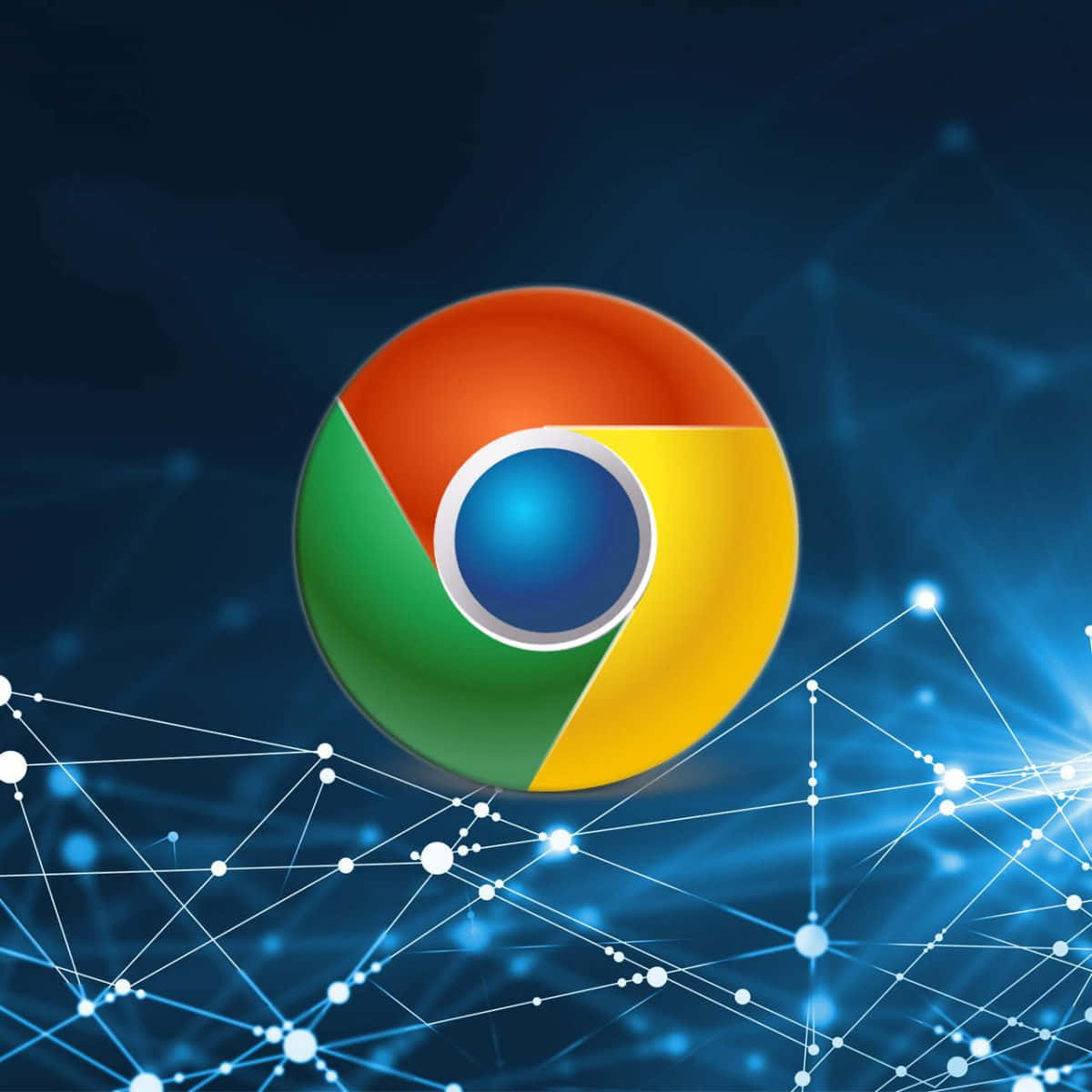 Chrome 桌布 壁紙 — Chrome 瀏覽器標誌在深藍色數位網路背景上發光，帶有發光的連接。