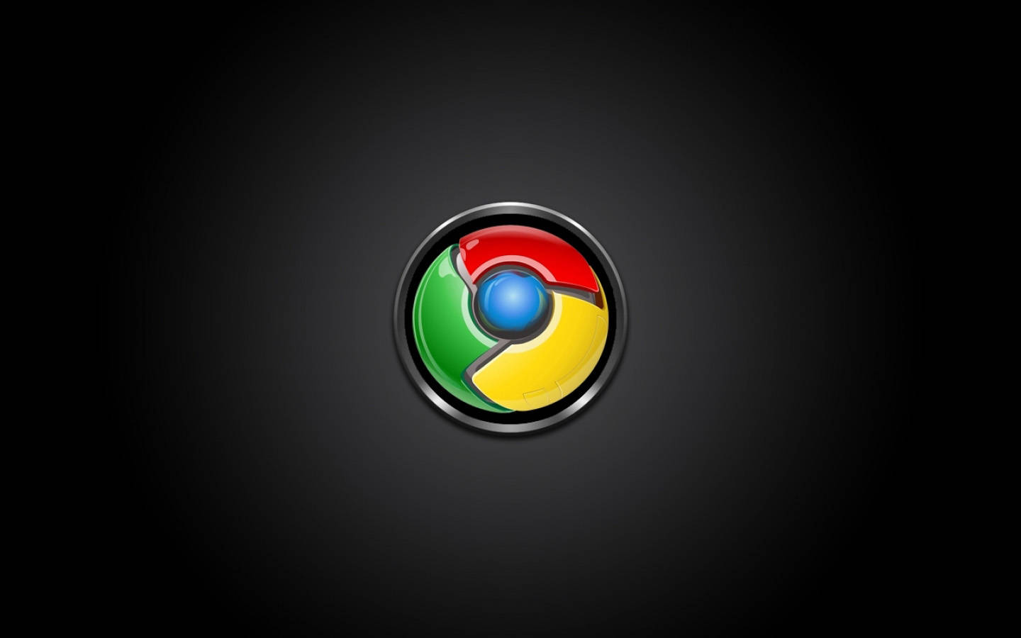Chrome 桌布 壁紙 — Chrome 瀏覽器標誌居中於深色漸變背景上，帶有金屬邊框和鮮豔的紅、綠、黃、藍色段。