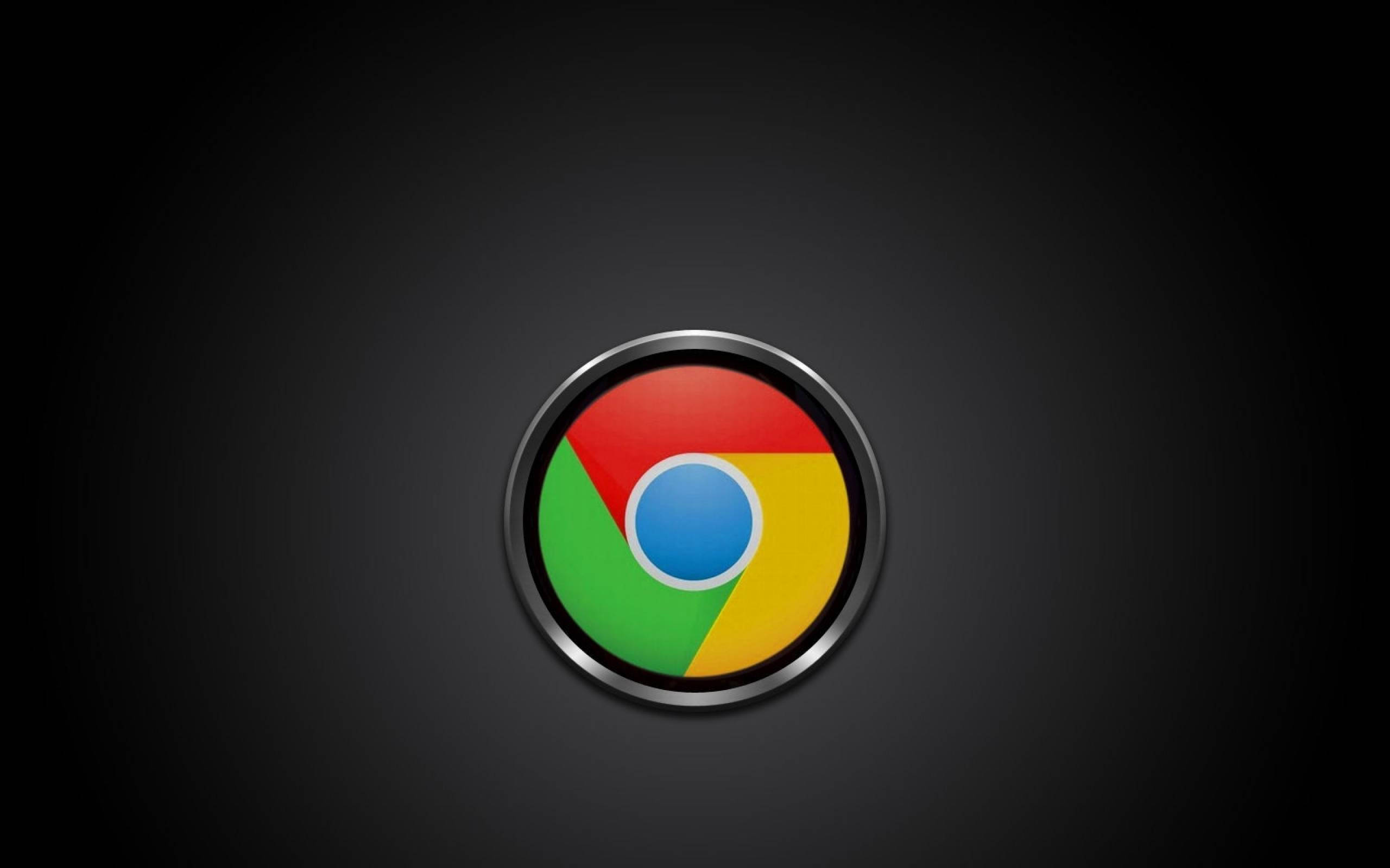 Google Chrome 桌布 壁紙 — Chrome 瀏覽器標誌居中顯示在深色漸變背景上，帶有金屬邊框和鮮豔的紅、綠、黃、藍色塊。