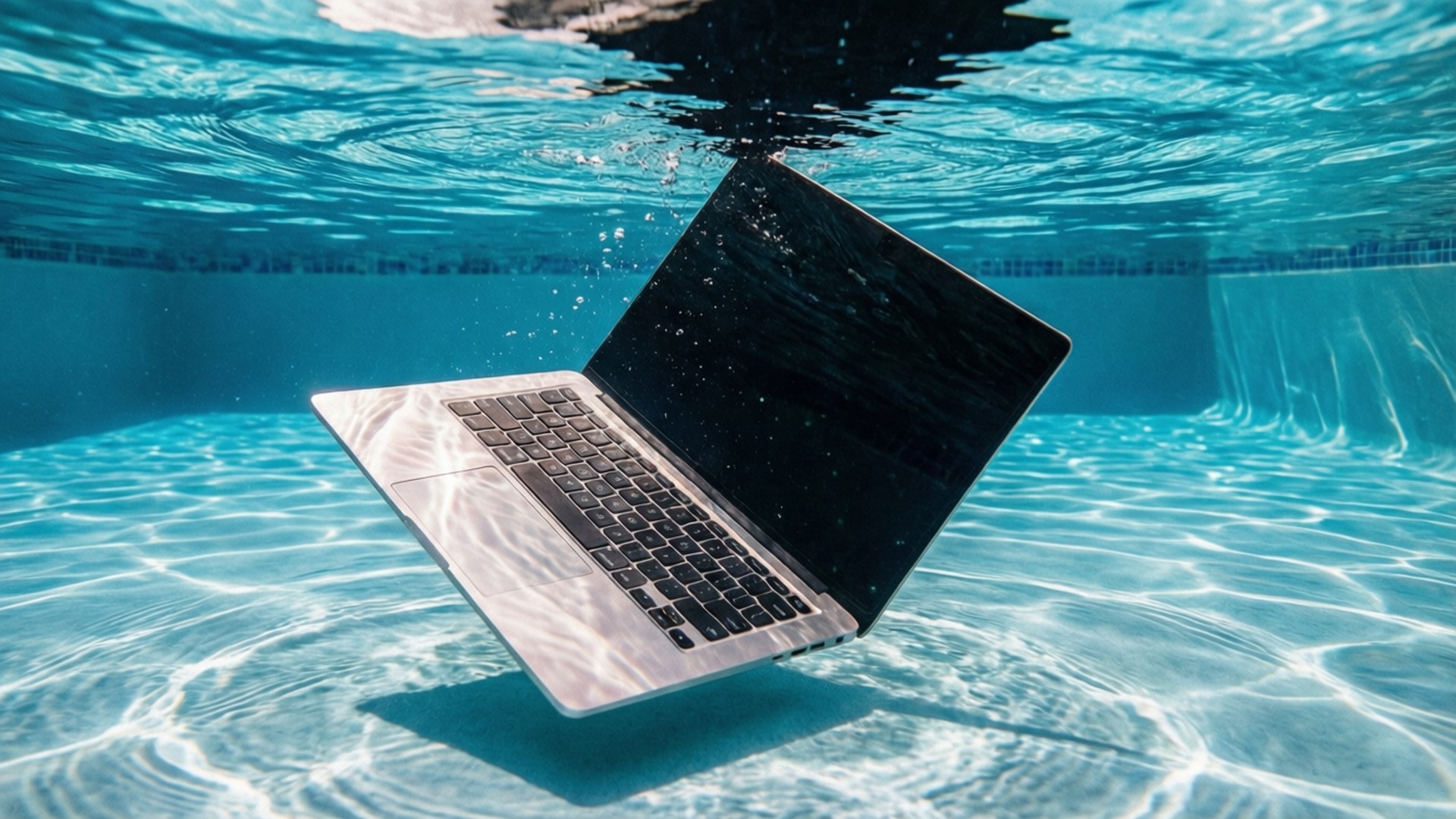 水下Chromebook夢境 壁紙 — 一台銀色筆記型電腦漂浮在清澈的藍色泳池水中，陽光透過水面泛起漣漪。