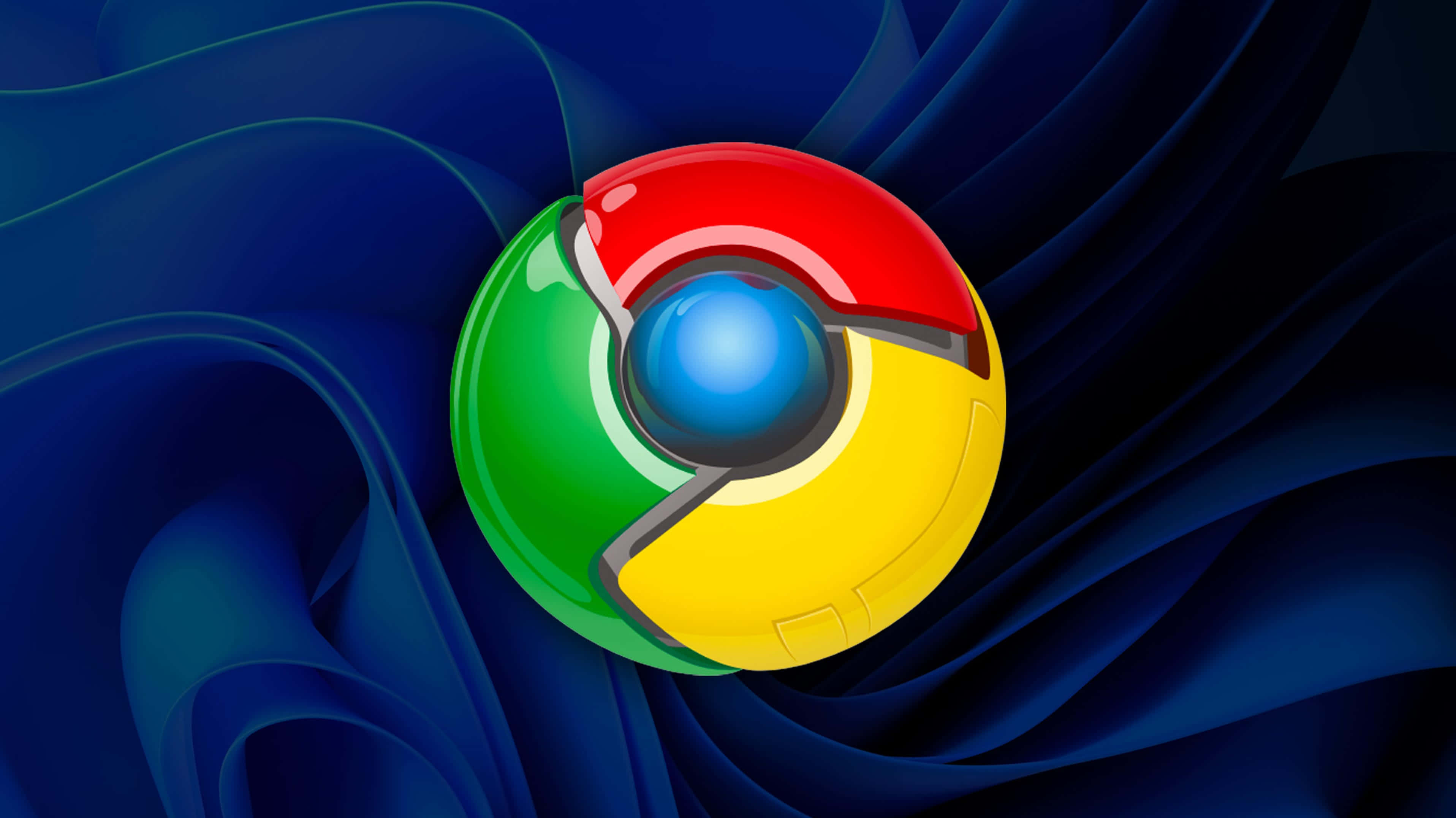 Chrome 桌布 壁紙 — Chrome瀏覽器標誌以紅色、綠色和黃色部分閃耀，襯托著旋轉的深藍色抽象背景。