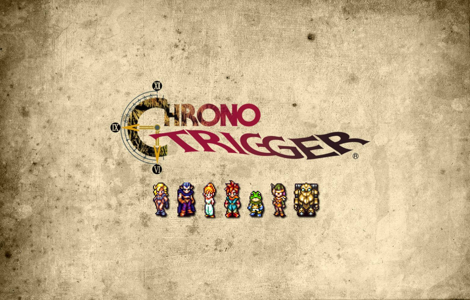 Chrono 桌布 壁紙 — Chrono Trigger 標誌，帶有像素化角色和時鐘面，背景為紋理羊皮紙。