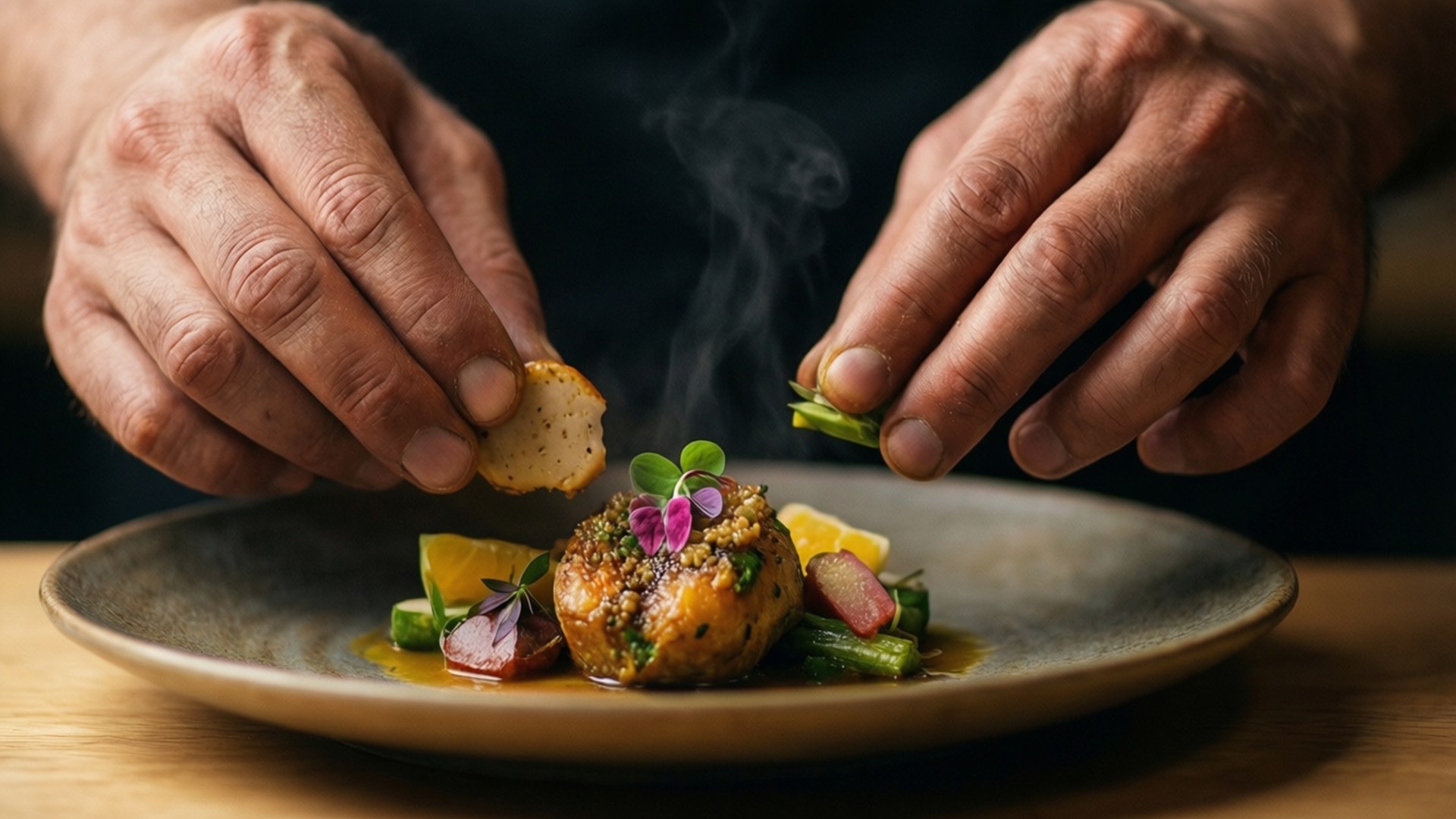 Plating Perfection 壁紙 — 廚師的手巧妙地將裝飾放在一盤冒著蒸氣的美食上，搭配鮮豔的蔬菜和可食用花卉。
