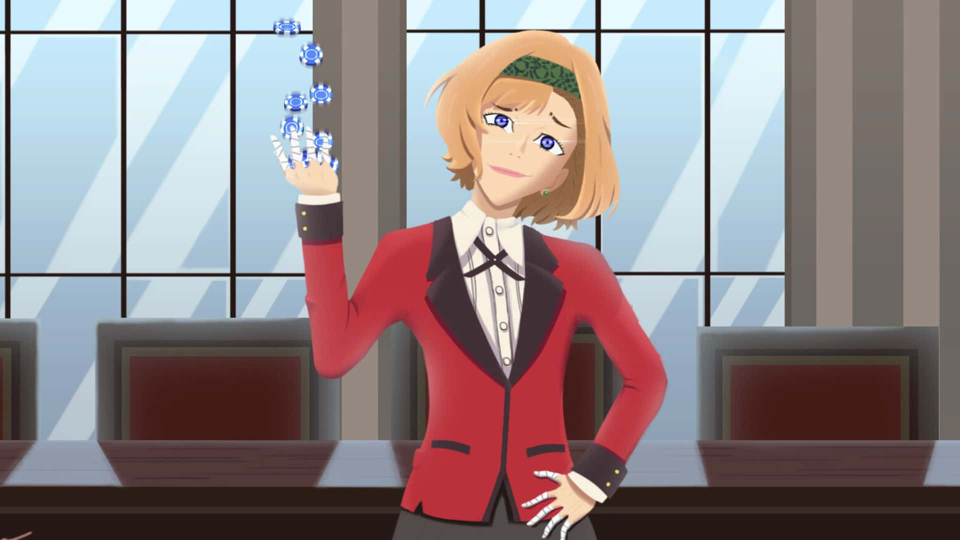 Itsuki Sumeragi 桌布 壁紙 — 穿著紅色西裝外套的動漫女孩在現代辦公室裡，手上有藍色齒輪漂浮，辦公室有大窗戶。